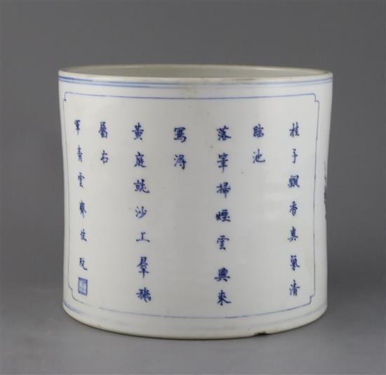 A good large Chinese blue and white brush pot, bitong, Kangxi period, c.1700-15, 18cm high, 20.2cm diameter, small chip to foot